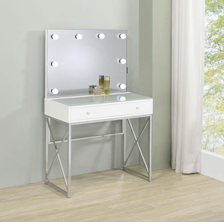 Eliza White and Chrome 2-piece Vanity Set with Hollywood Lighting by Coaster at Eve Furniture