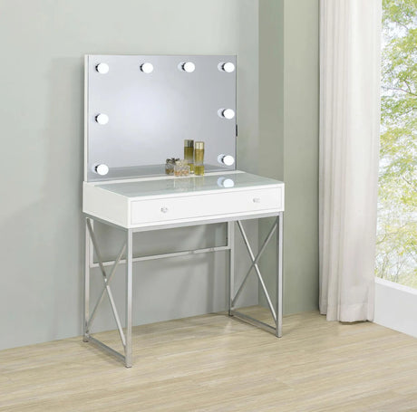 Eliza White and Chrome 2-piece Vanity Set with Hollywood Lighting by Coaster at Eve Furniture