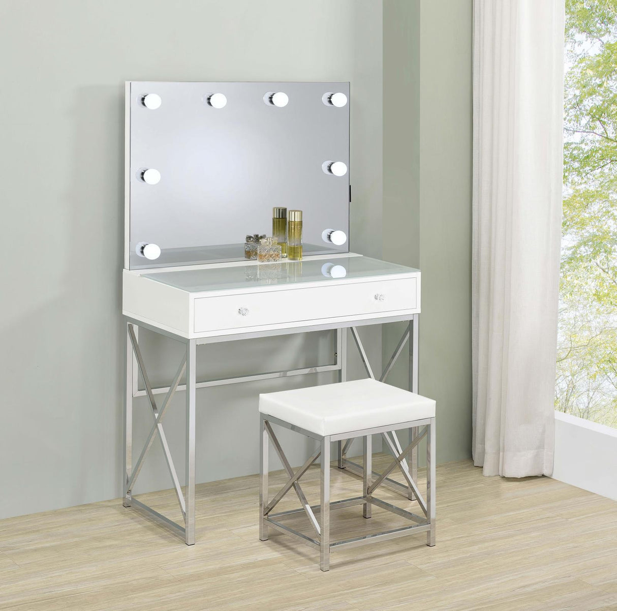 Eliza White and Chrome 2-piece Vanity Set with Hollywood Lighting by Coaster at Eve Furniture