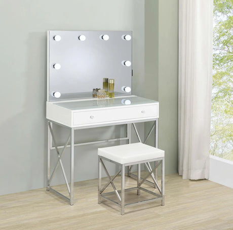 Eliza White and Chrome 2-piece Vanity Set with Hollywood Lighting by Coaster at Eve Furniture