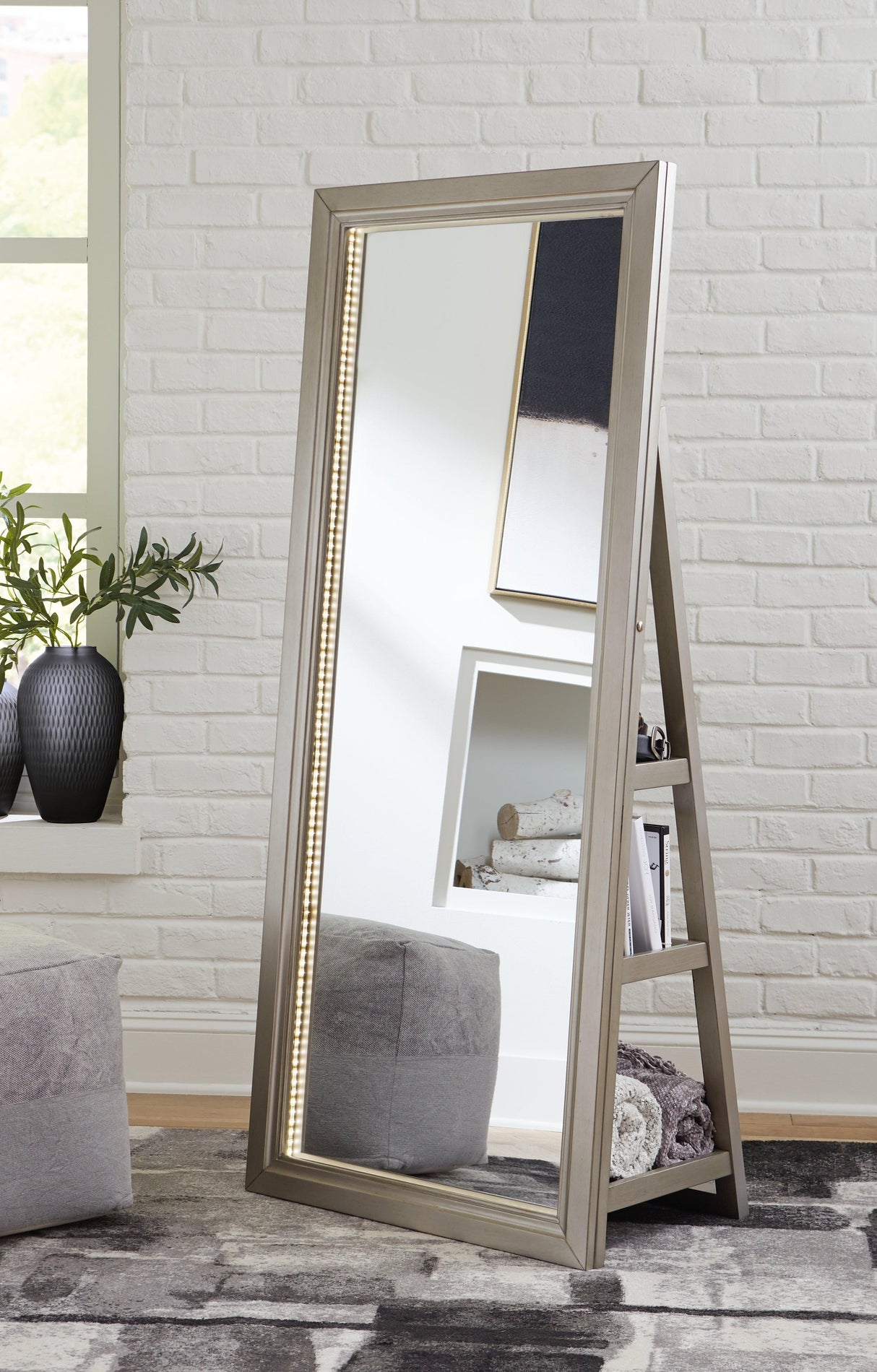 Evesen Champagne Floor Standing Mirror with Storage by Ashley at Eve Furniture