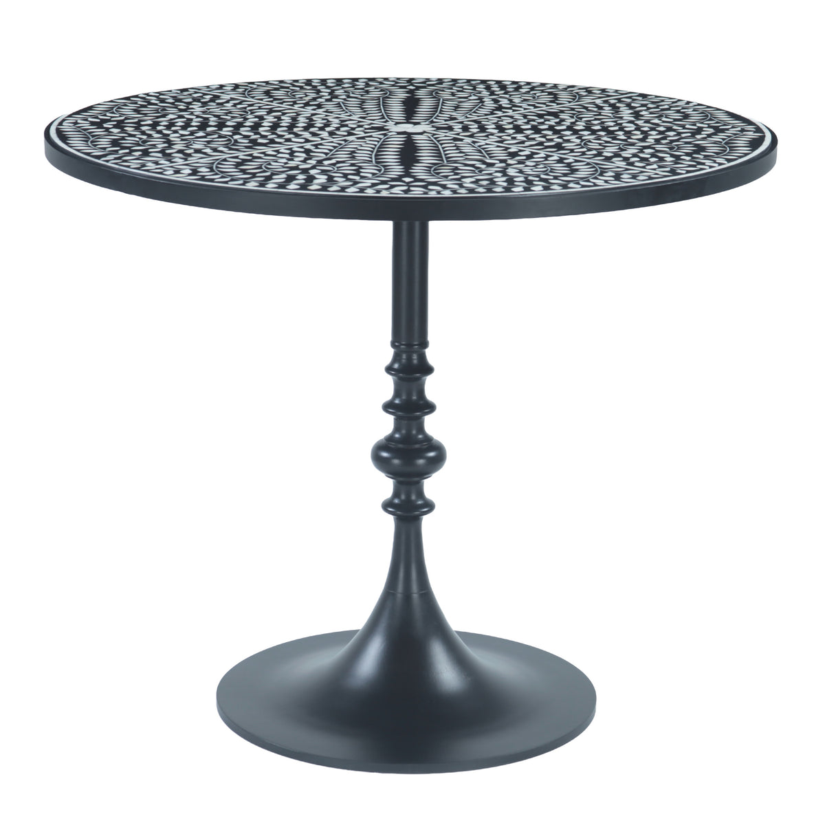 Fleur 36" Round Table with Floral Horn Inlay and Black Iron Powder Coated