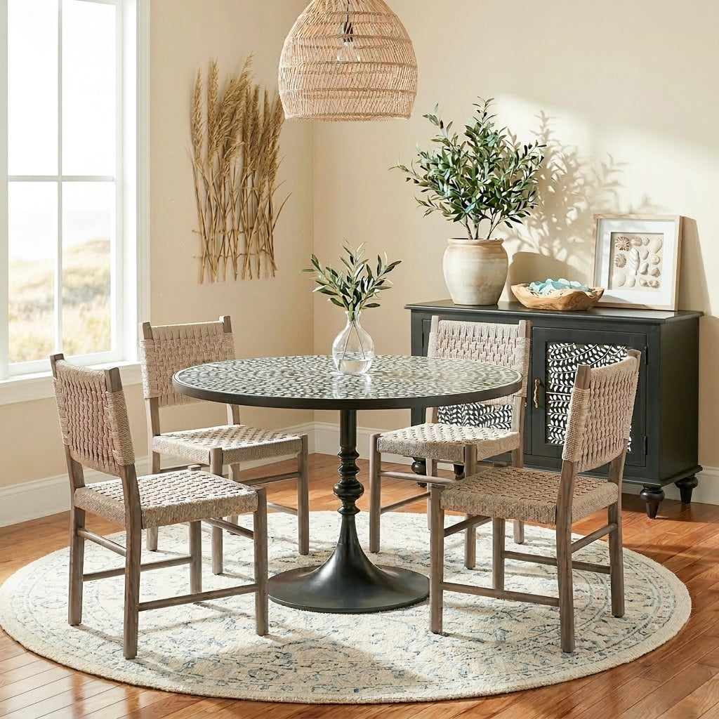 Fleur 36" Round Table with Floral Horn Inlay and Black Iron Powder Coated