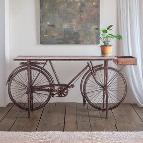 Industrial Teak 71" Bicycle Console Table in Walnut by Home Trends & Design at Eve Furniture