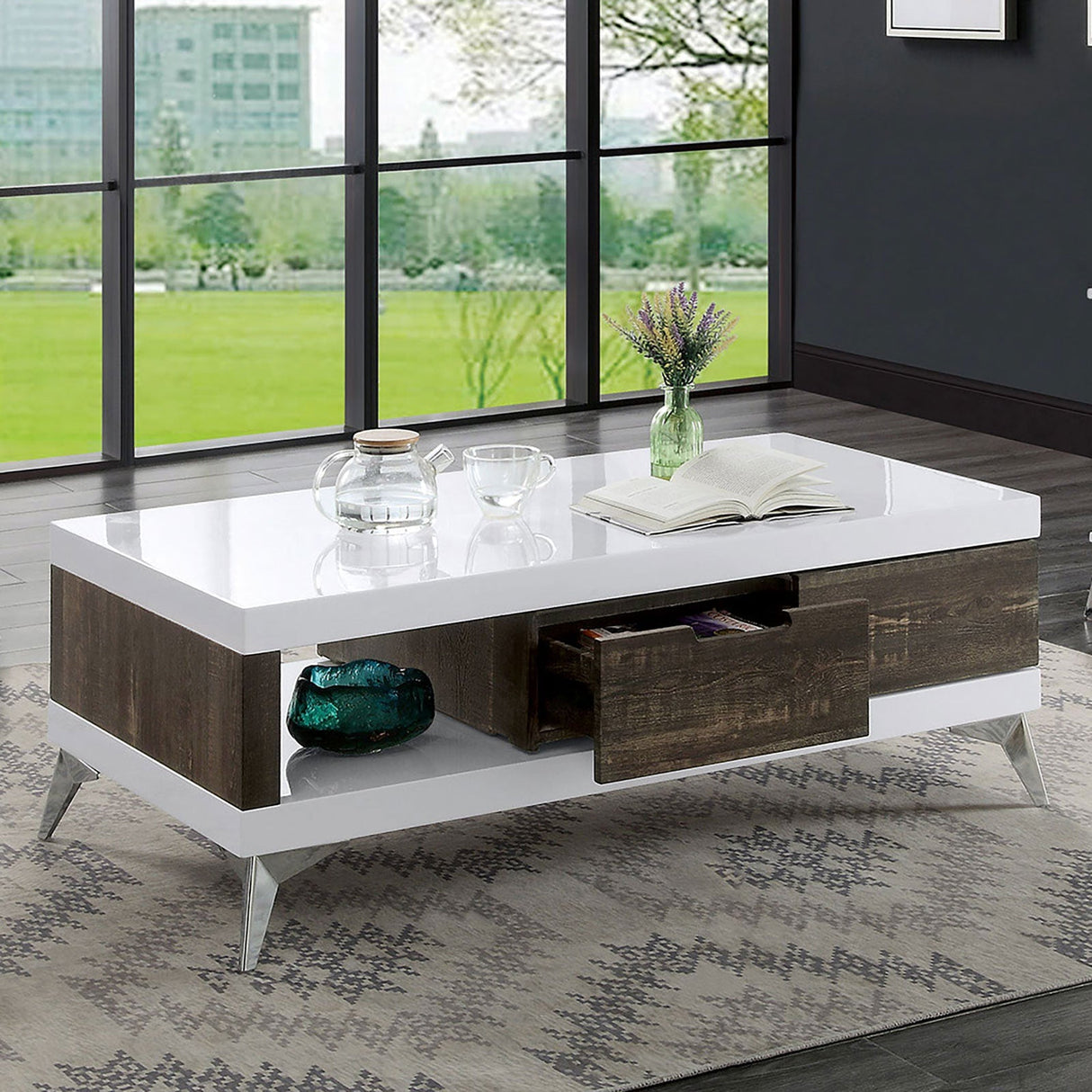 Corinne White/Distressed Dark Oak Coffee Table