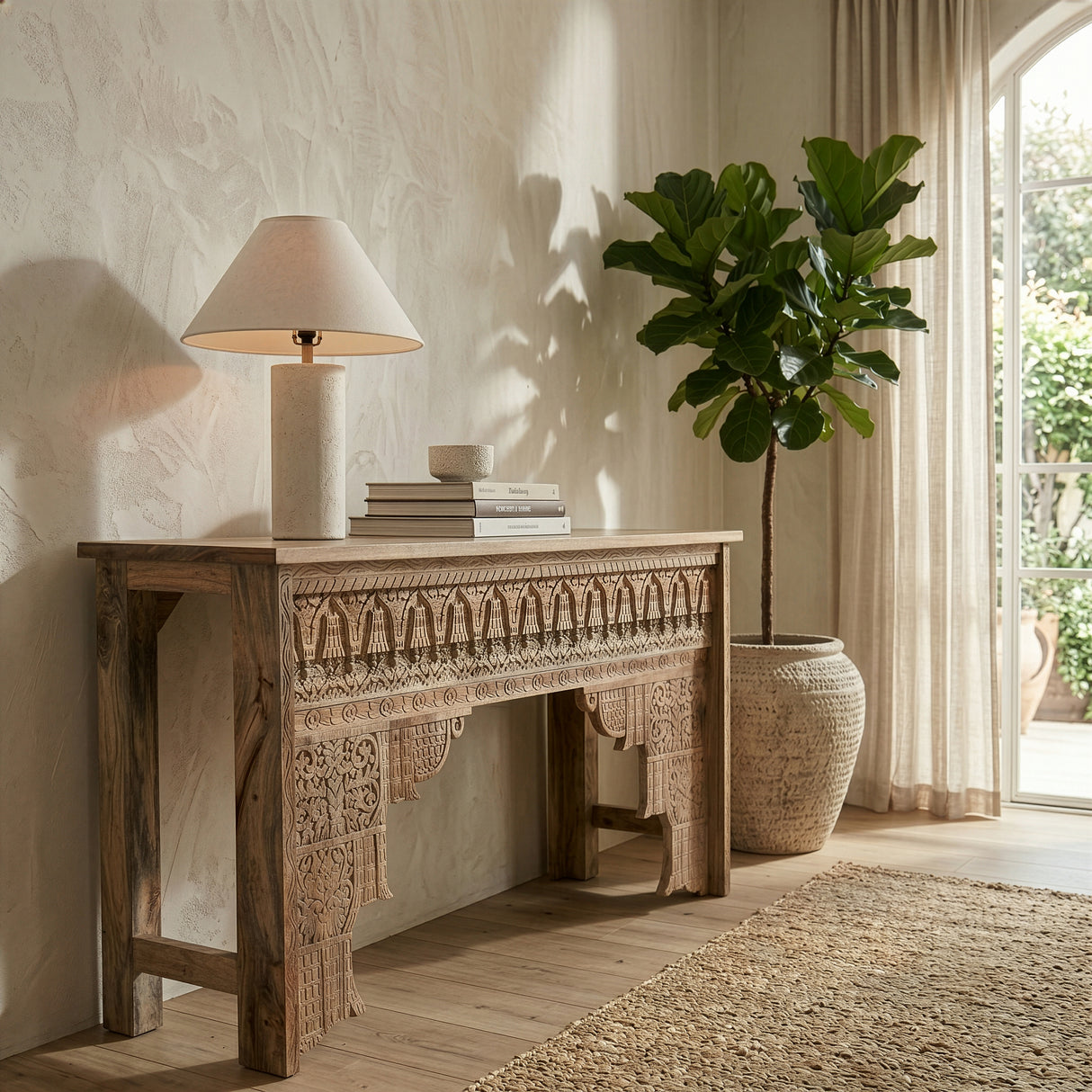 Tribal 59" Carved Wood Console Table in Natural by Home Trends & Design at Eve Furniture