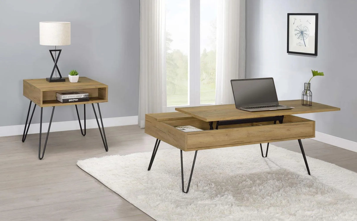 Fanning Golden Oak/Black Square End Table with Open Compartment by Coaster at Eve Furniture