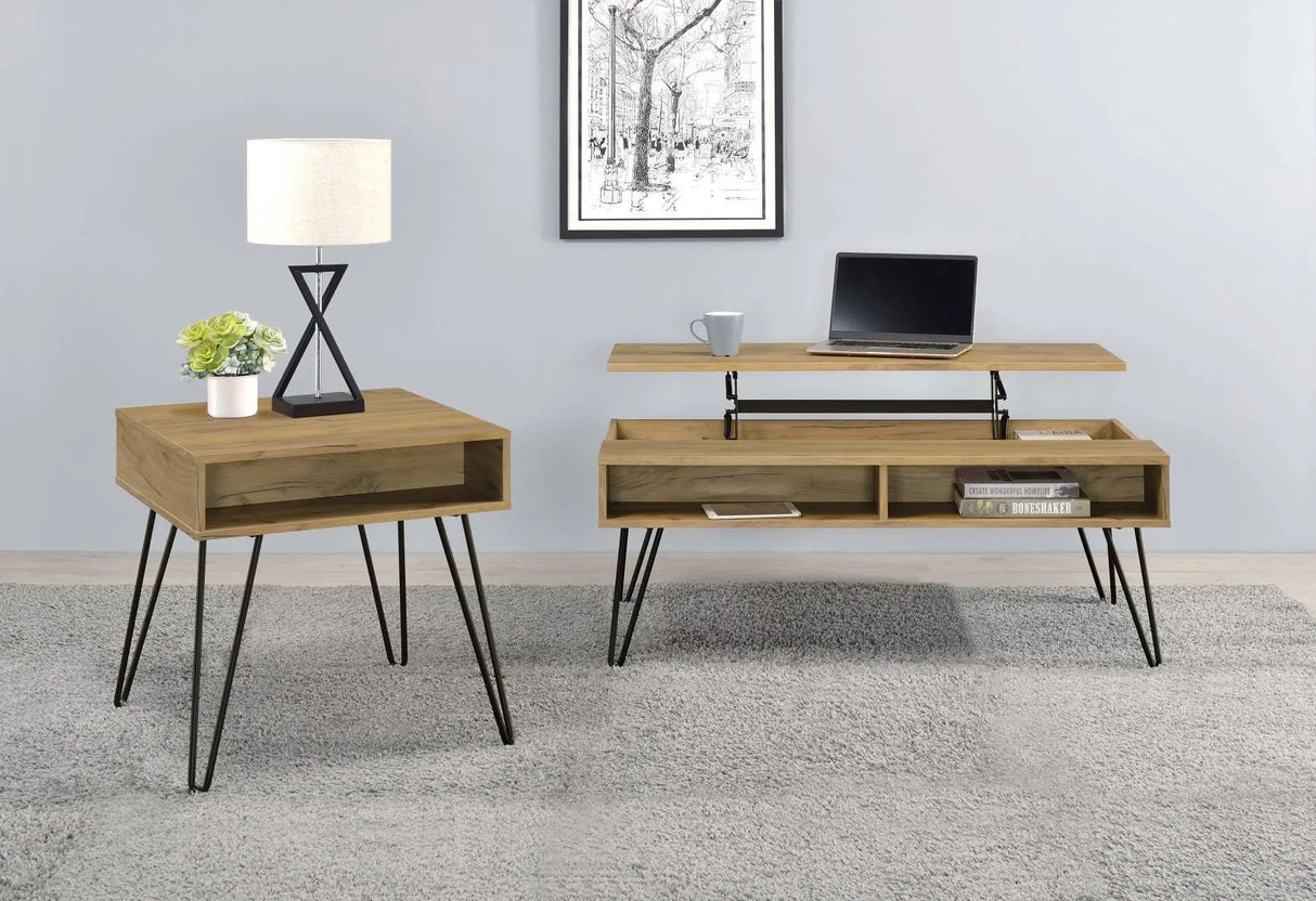 Fanning Golden Oak/Black Square End Table with Open Compartment by Coaster at Eve Furniture