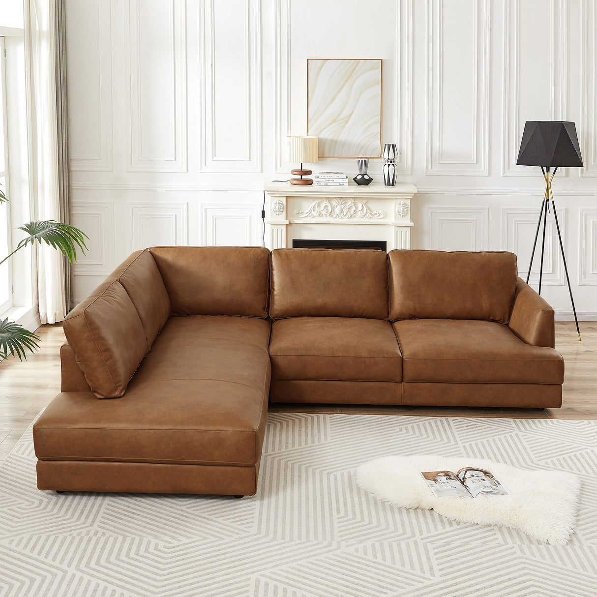Glander Cognac Leather Sectional Sofa Left Facing by Ashcroft Furniture at Eve Furniture