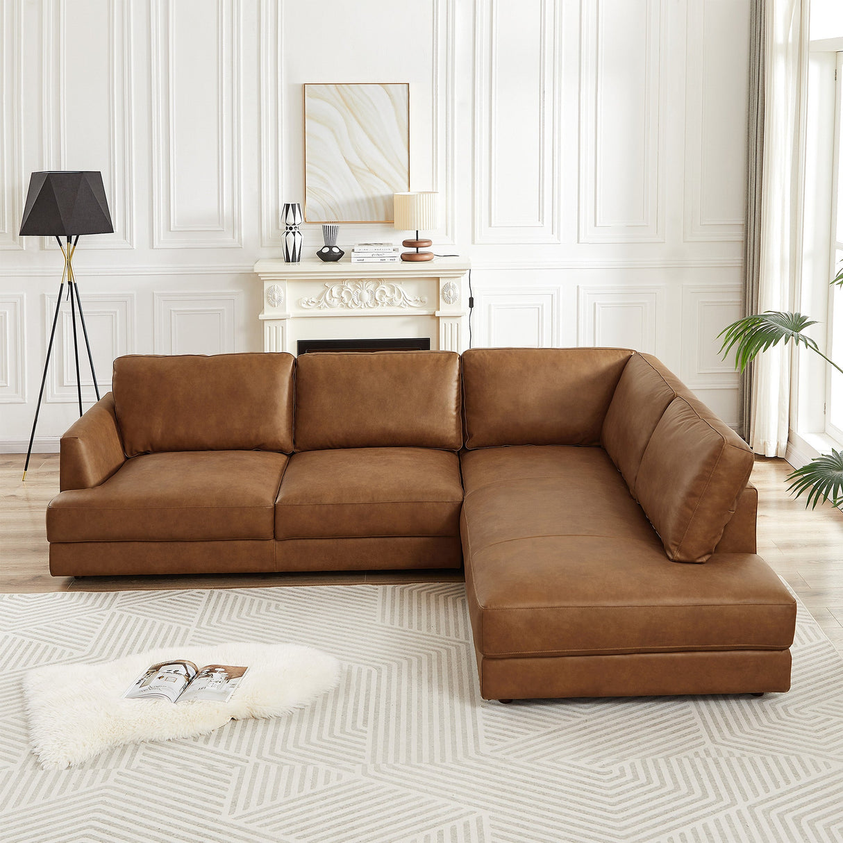 Glander Cognac Leather Sectional Sofa Right Facing by Ashcroft Furniture at Eve Furniture