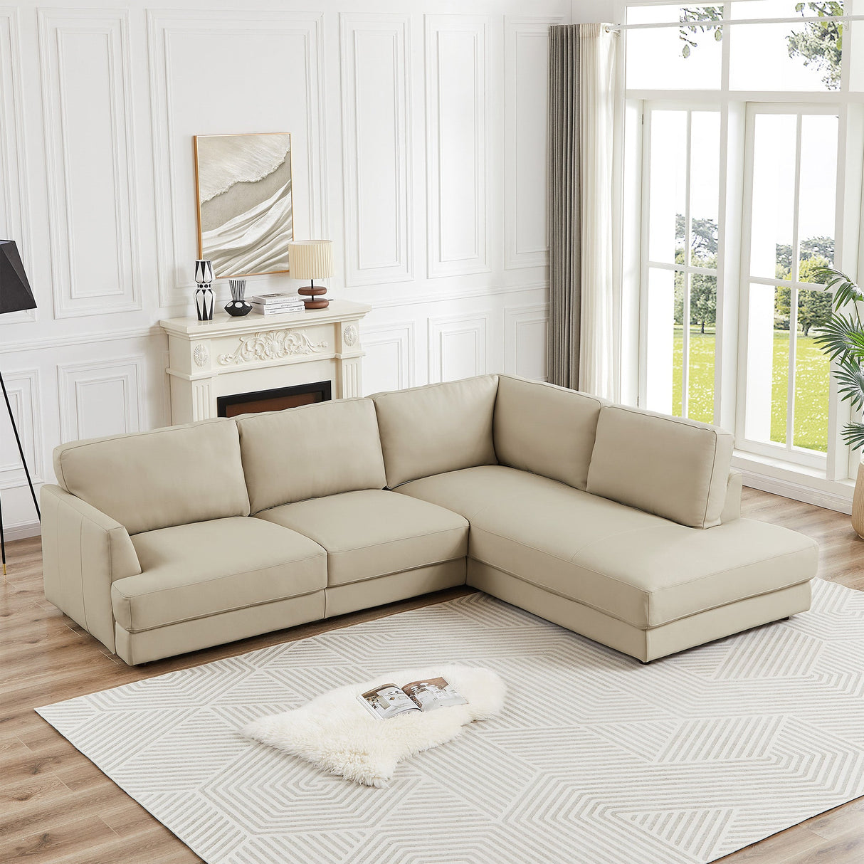 Glander Cream Leather Sectional Sofa Right Facing by Ashcroft Furniture at Eve Furniture