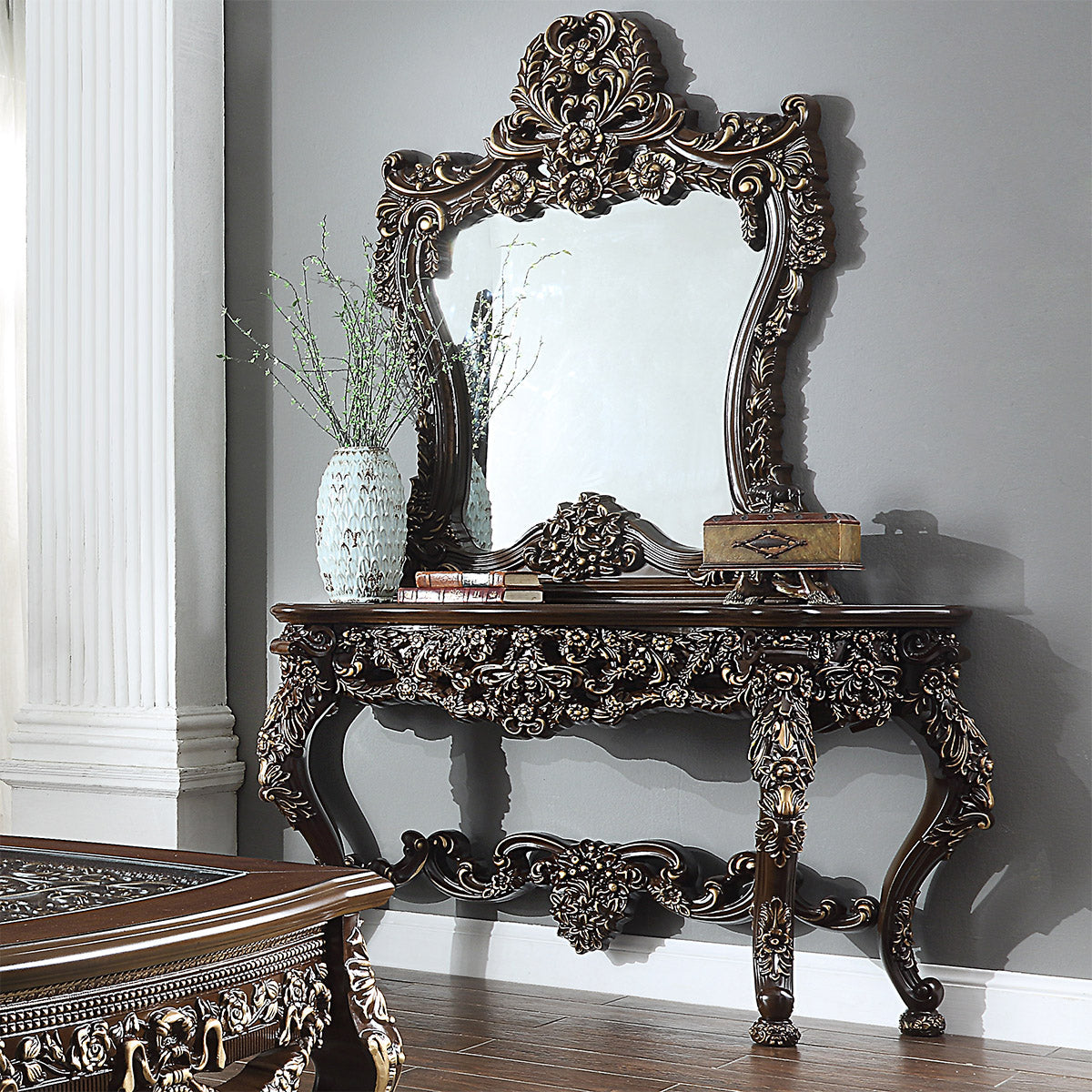 HD-905 Cherry/Metallic Antique Gold Highlights Coffee Console Table by Homey Design at Eve Furniture