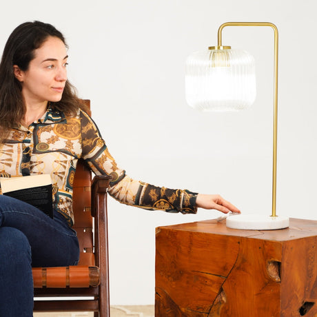 Haven Clear Glass Table Lamp, Gold Brush Metal and Marble Base, Button Control by Ashcroft Imports at Eve Furniture