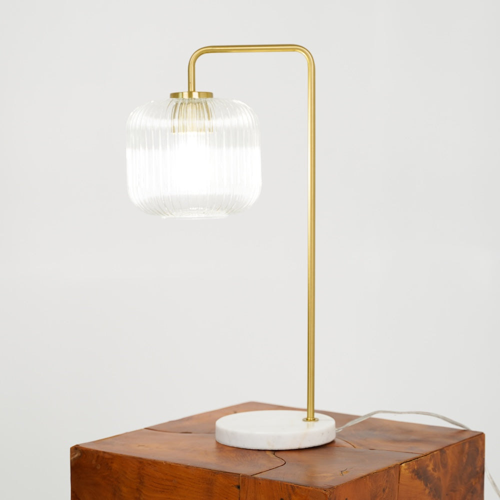 Haven Clear Glass Table Lamp, Gold Brush Metal and Marble Base, Button Control by Ashcroft Imports at Eve Furniture