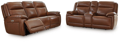 Healy Pier Chocolate Power Reclining Sofa and Loveseat by Ashley at Eve Furniture