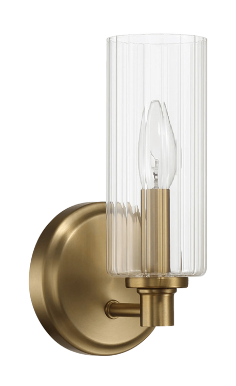 Jardin Single Light Wall Sconce With Clear Ribbed Glass - Satin Brass by Ashcroft Furniture at Eve Furniture