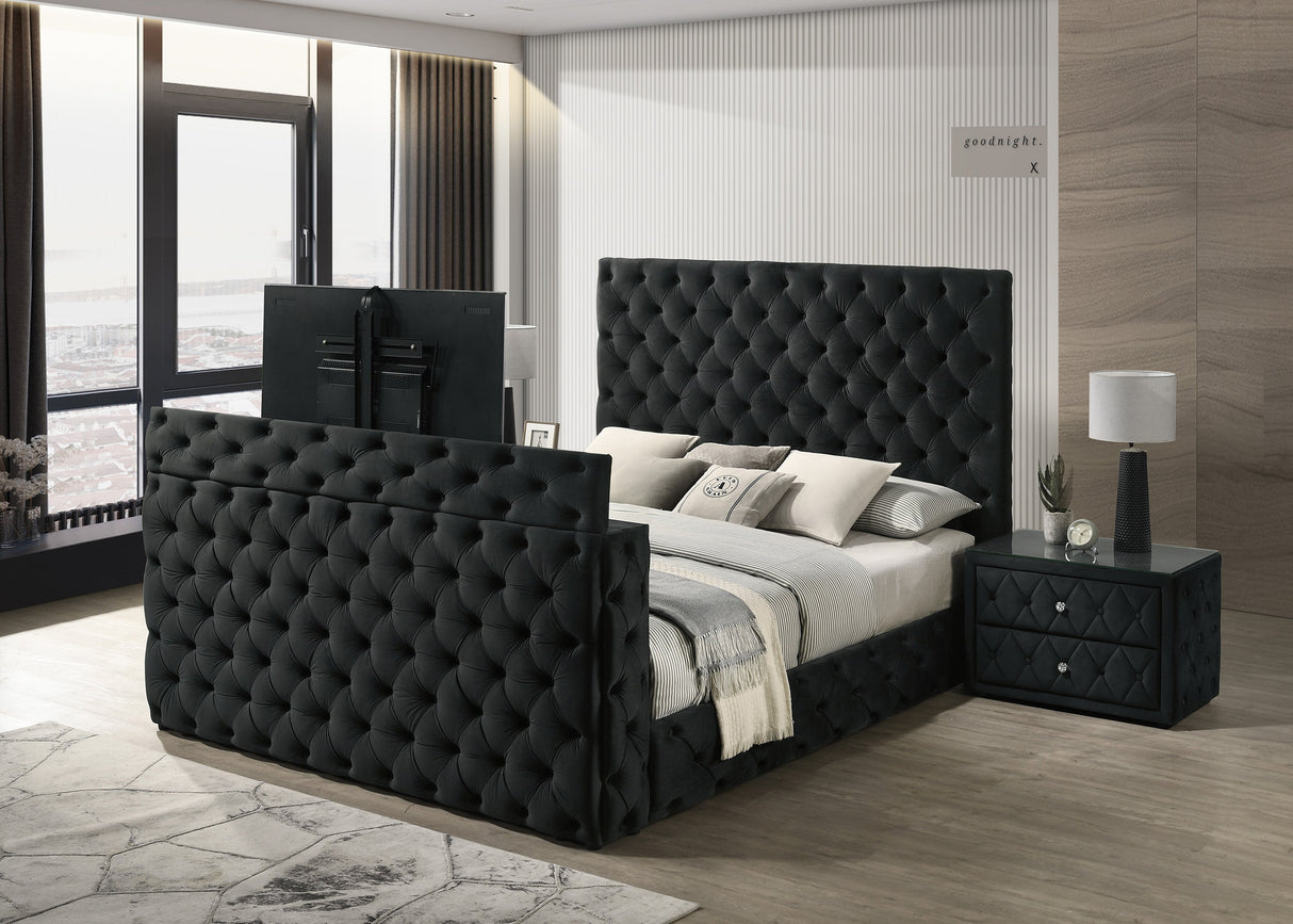Josephine Black Queen Upholstered Panel Bed with TV Lift by Crown Mark at Eve Furniture
