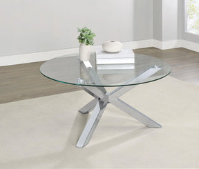 Kenzie Chrome Round Tempered Glass Top Cocktail Coffee Table by Coaster at Eve Furniture
