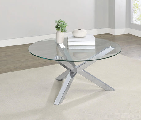 Kenzie Chrome Round Tempered Glass Top Cocktail Coffee Table by Coaster at Eve Furniture