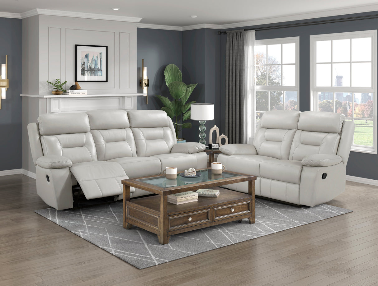 Laconia Silver Leather Double Reclining Loveseat by Homelegance at Eve Furniture