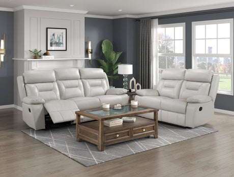 Laconia Silver Leather Double Reclining Loveseat by Homelegance at Eve Furniture