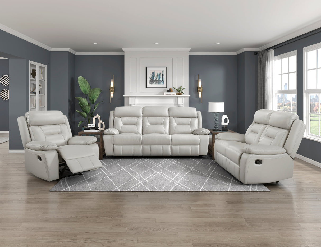 Laconia Silver Leather Double Reclining Sofa by Homelegance at Eve Furniture