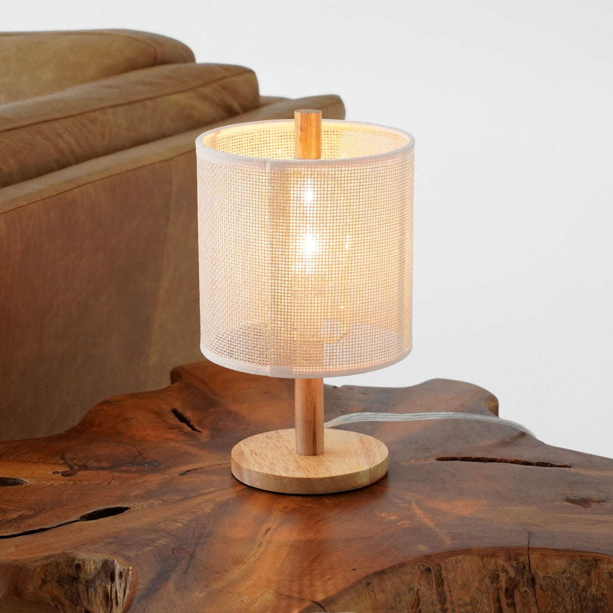 Levio Table Lamp, Natural Oak Wooden Base with Linen Shade by Ashcroft Imports at Eve Furniture