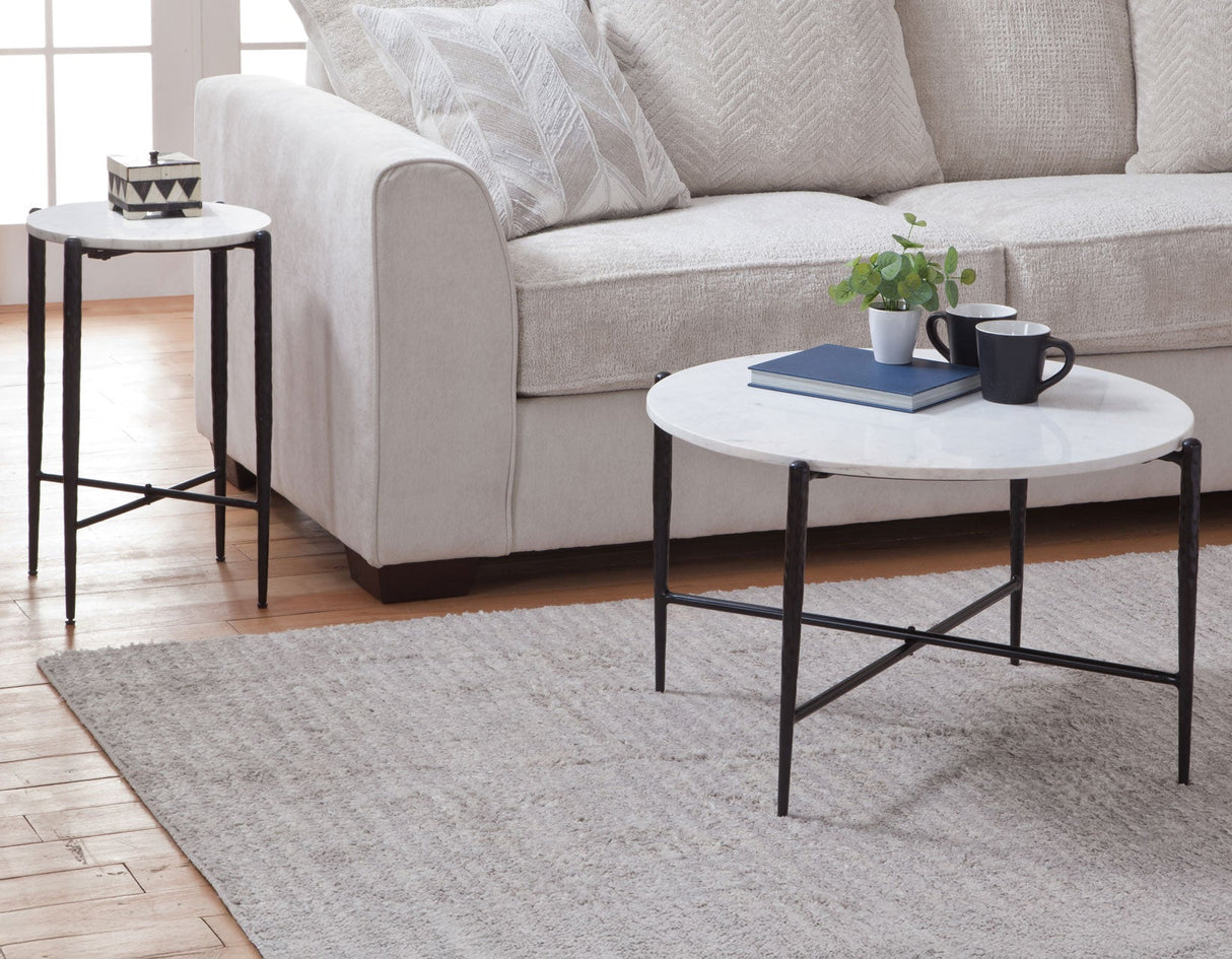 Loxie White 16″ Round Solid Marble Top End Table by Steve Silver at Eve Furniture
