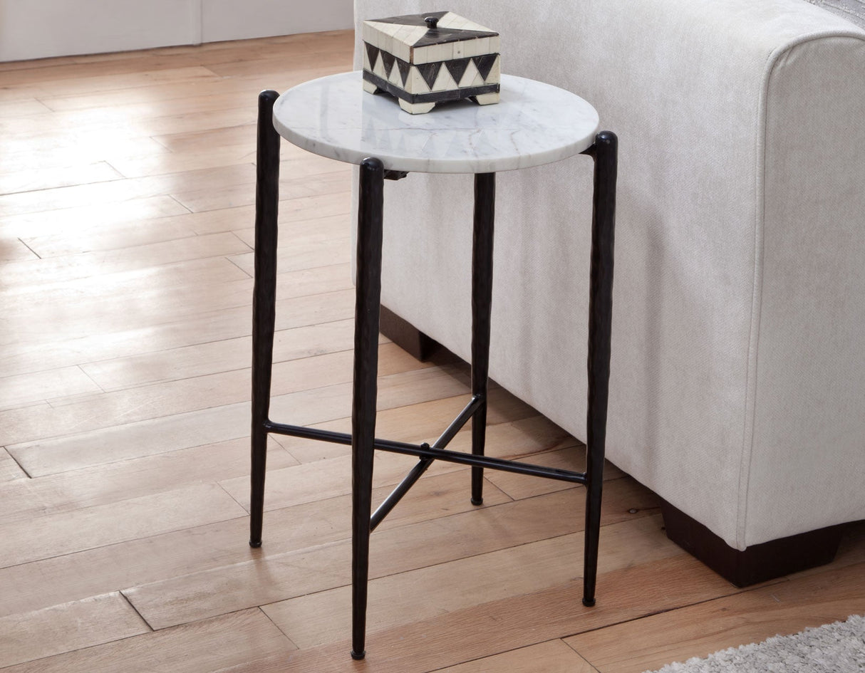 Loxie White 16″ Round Solid Marble Top End Table by Steve Silver at Eve Furniture