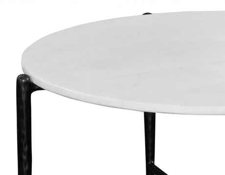 Loxie White 29.5″ Round Solid Marble Top Cocktail Table by Steve Silver at Eve Furniture