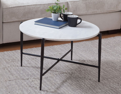 Loxie White 29.5″ Round Solid Marble Top Cocktail Table by Steve Silver at Eve Furniture