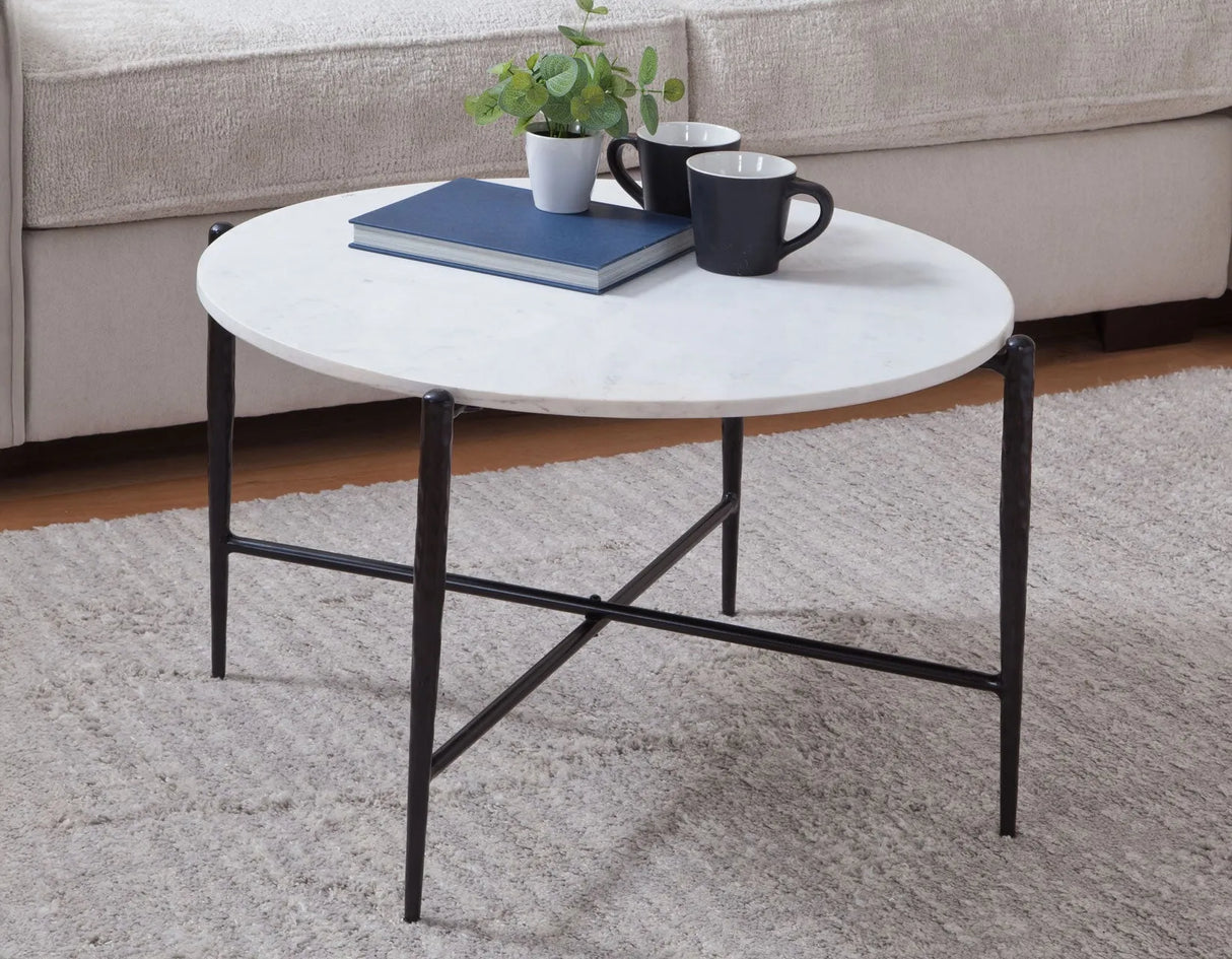 Loxie White 29.5″ Round Solid Marble Top Cocktail Table by Steve Silver at Eve Furniture