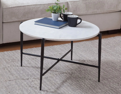 Loxie White 29.5″ Round Solid Marble Top Cocktail Table by Steve Silver at Eve Furniture