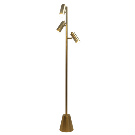 Lumina Brassed Gold Floor Lamp with Rotary Switch Triple Spots Metal Cone Base by Ashcroft Imports at Eve Furniture