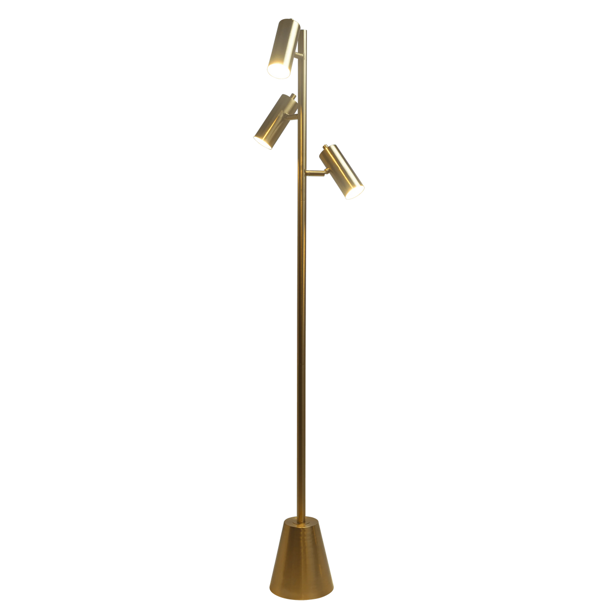 Lumina Brassed Gold Floor Lamp with Rotary Switch Triple Spots Metal Cone Base by Ashcroft Furniture at Eve Furniture