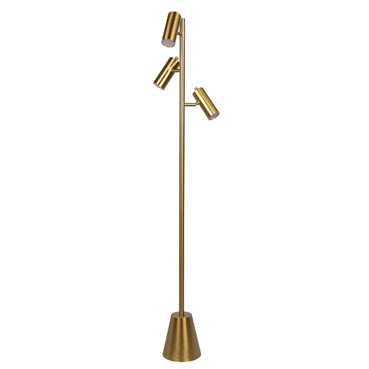 Lumina Brassed Gold Floor Lamp with Rotary Switch Triple Spots Metal Cone Base by Ashcroft Imports at Eve Furniture