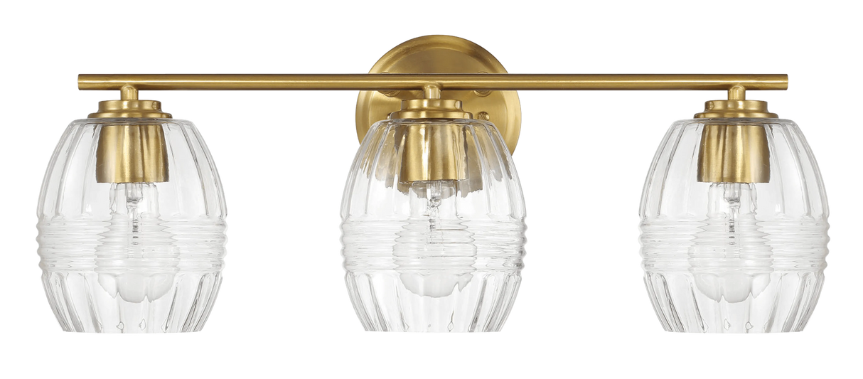 Luster Three Lights Vanity With Clear Glass for Bathrooms above Mirror Wall Lamp - Satin Brass by Ashcroft Furniture at Eve Furniture