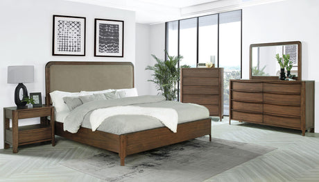 Maderia Walnut 57-inch Upholstered Eastern King Panel Bed by Coaster at Eve Furniture