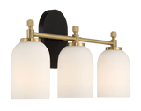 Meadows Three Lights Vanity Brushed Gold Bathroom Wall Light for Bathroom Over Mirror 20.5"W × 10.125"H × 5.5"E with White Frosted Glass by Ashcroft Imports at Eve Furniture