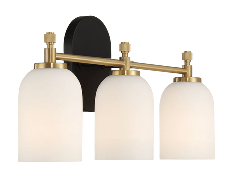 Meadows Three Lights Vanity Brushed Gold Bathroom Wall Light for Bathroom Over Mirror 20.5"W × 10.125"H × 5.5"E with White Frosted Glass by Ashcroft Imports at Eve Furniture