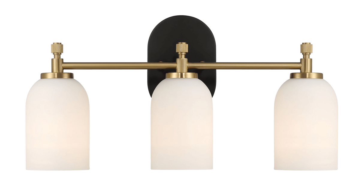Meadows Three Lights Vanity Brushed Gold Bathroom Wall Light for Bathroom Over Mirror 20.5"W × 10.125"H × 5.5"E with White Frosted Glass by Ashcroft Imports at Eve Furniture