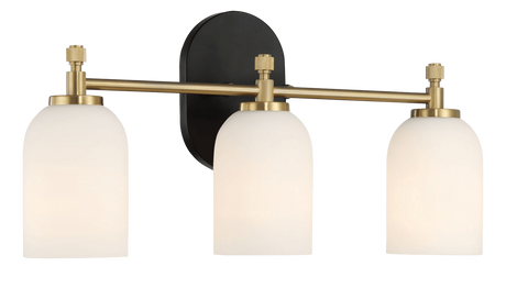 Meadows Three Lights Vanity Brushed Gold Bathroom Wall Light for Bathroom Over Mirror 20.5"W × 10.125"H × 5.5"E with White Frosted Glass by Ashcroft Imports at Eve Furniture