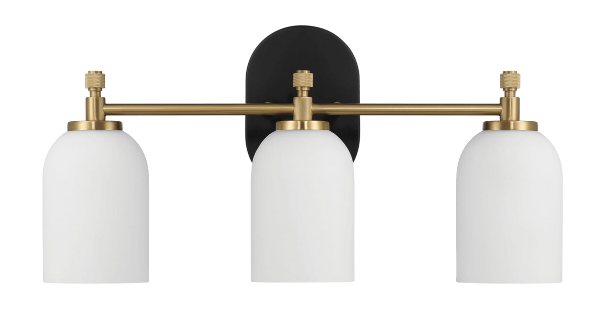 Meadows Three Lights Vanity Brushed Gold Bathroom Wall Light for Bathroom Over Mirror 20.5"W × 10.125"H × 5.5"E with White Frosted Glass by Ashcroft Imports at Eve Furniture