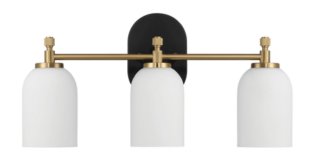 Meadows Three Lights Vanity Brushed Gold Bathroom Wall Light for Bathroom Over Mirror 20.5"W × 10.125"H × 5.5"E with White Frosted Glass by Ashcroft Imports at Eve Furniture