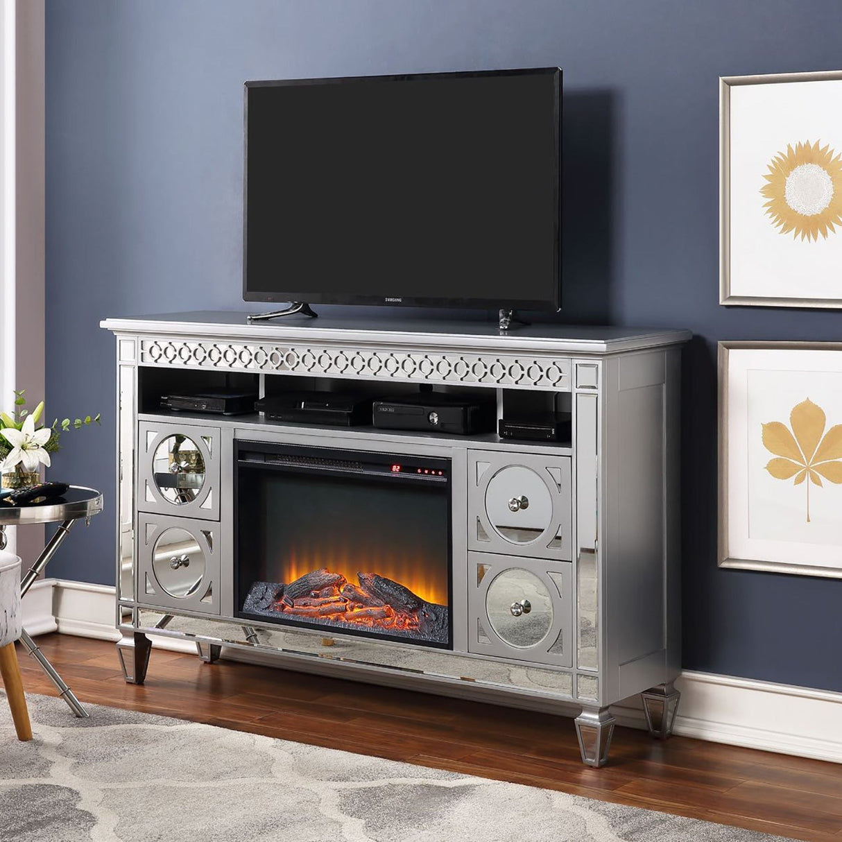 Sceptrum Silver TV Stand w/ Fire Place