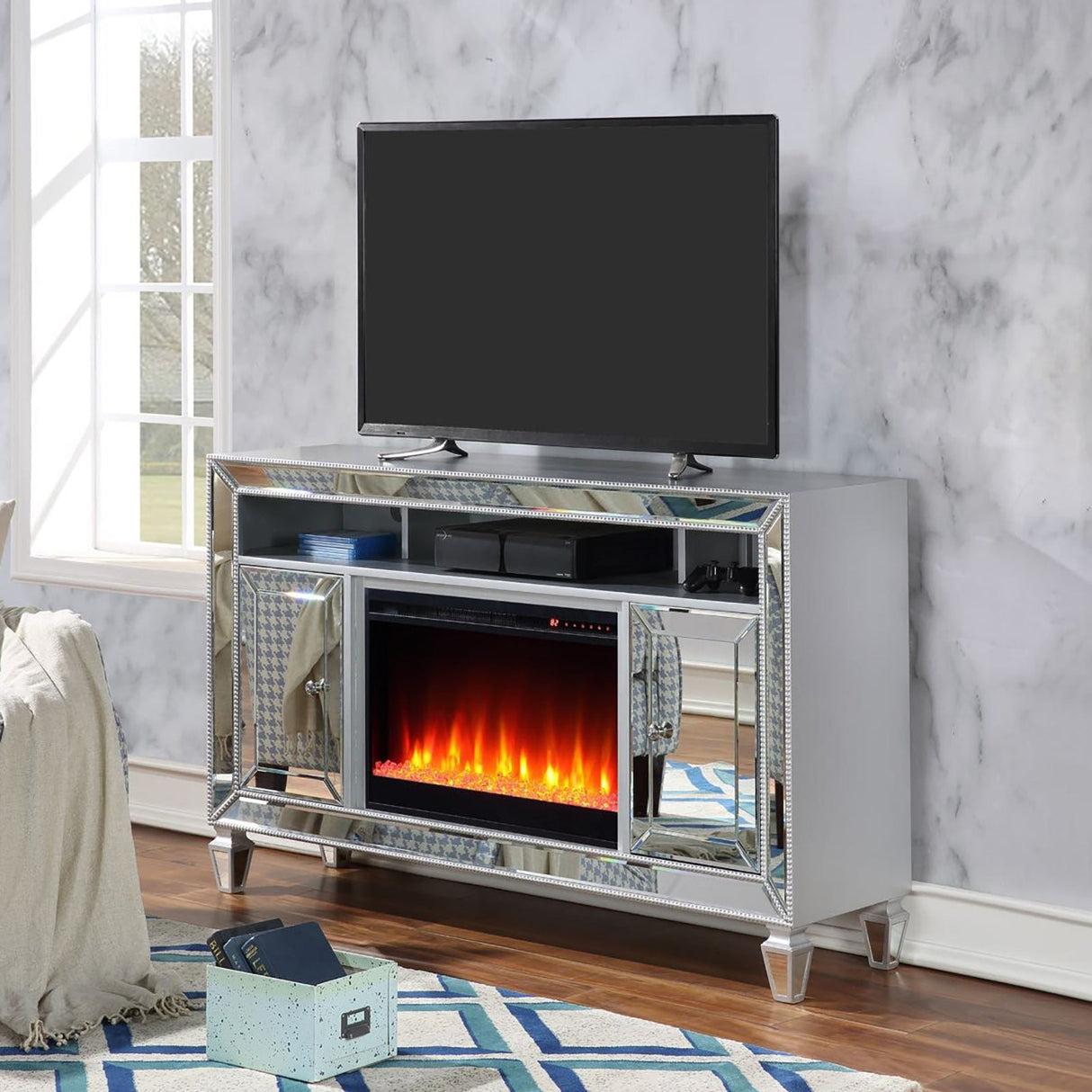 Seginus Silver TV Stand w/ Fire Place