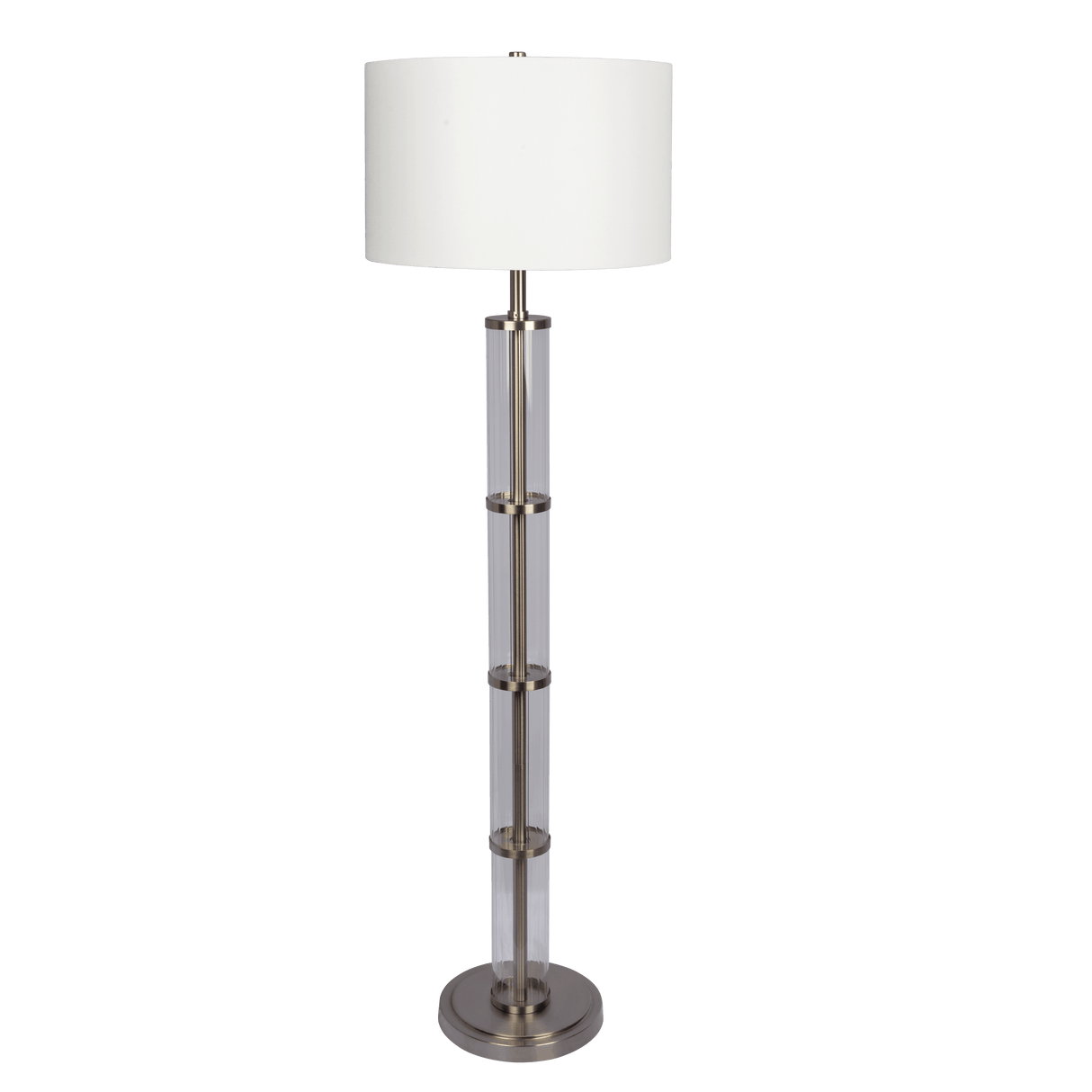 Nimbus Brushed Nickel Floor Lamp with 3-Way Rotary Switch Clear Glass Body Metal Base by Ashcroft Imports at Eve Furniture