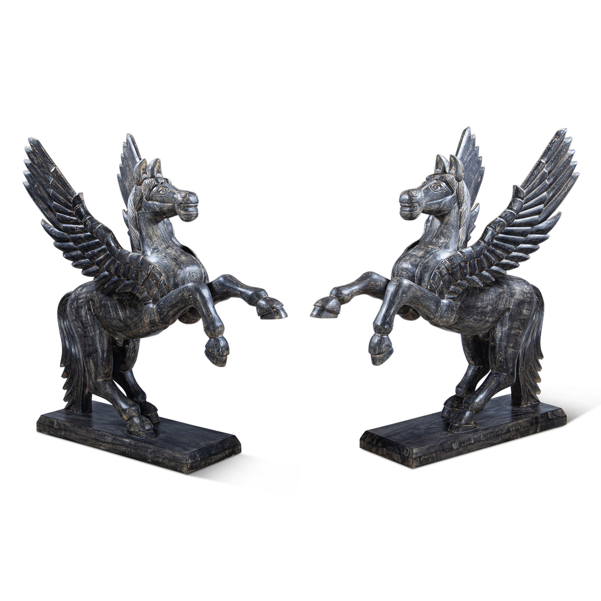 Hand Carved Wood Flying Horse Sculpture on Stand
