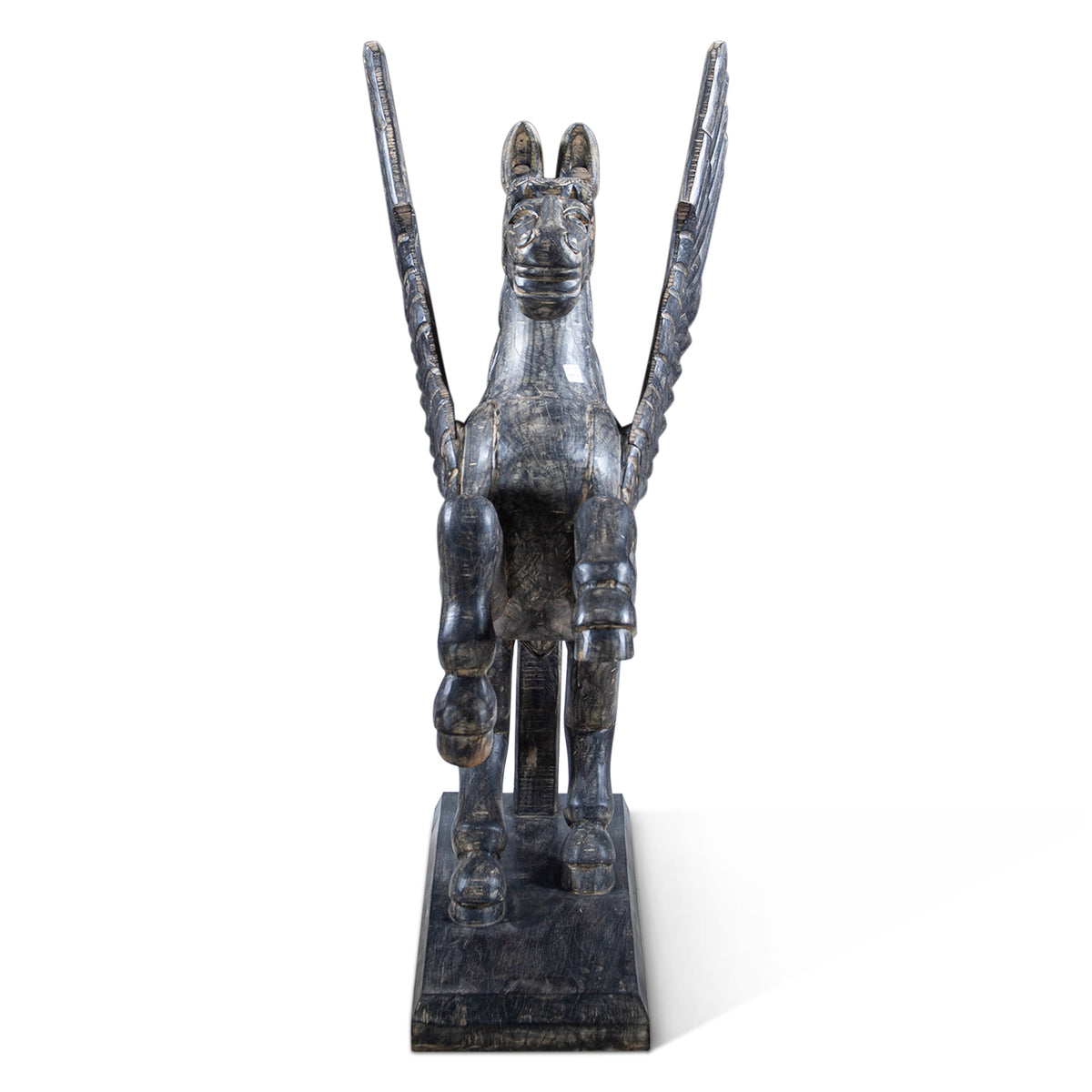 Hand Carved Wood Flying Horse Sculpture on Stand