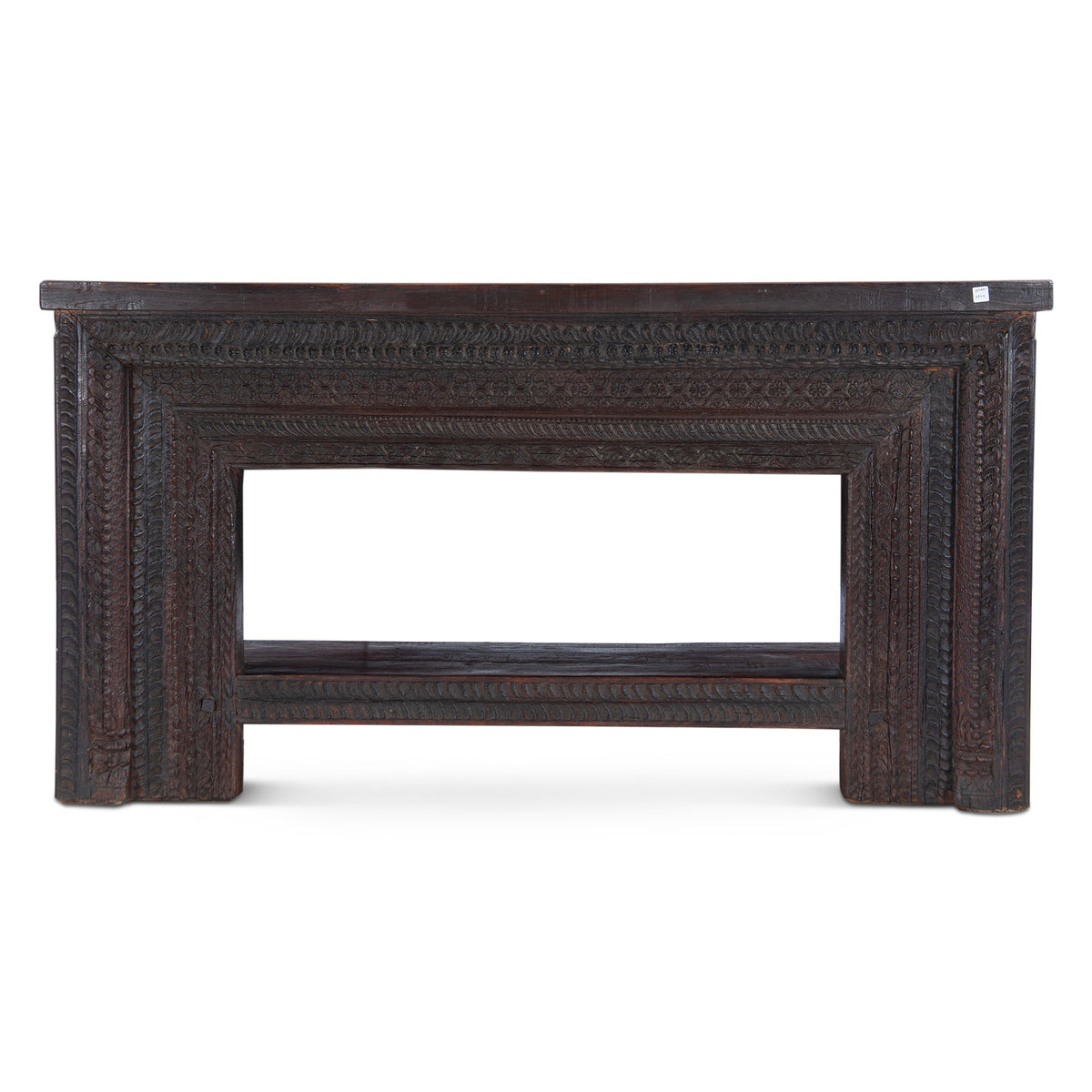 Hand Carved Wood Console Table with Bottom Shelf